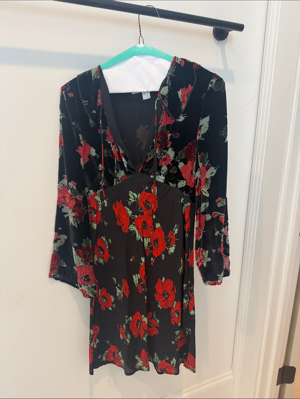 RIXO Black Dress with Red Floral Print